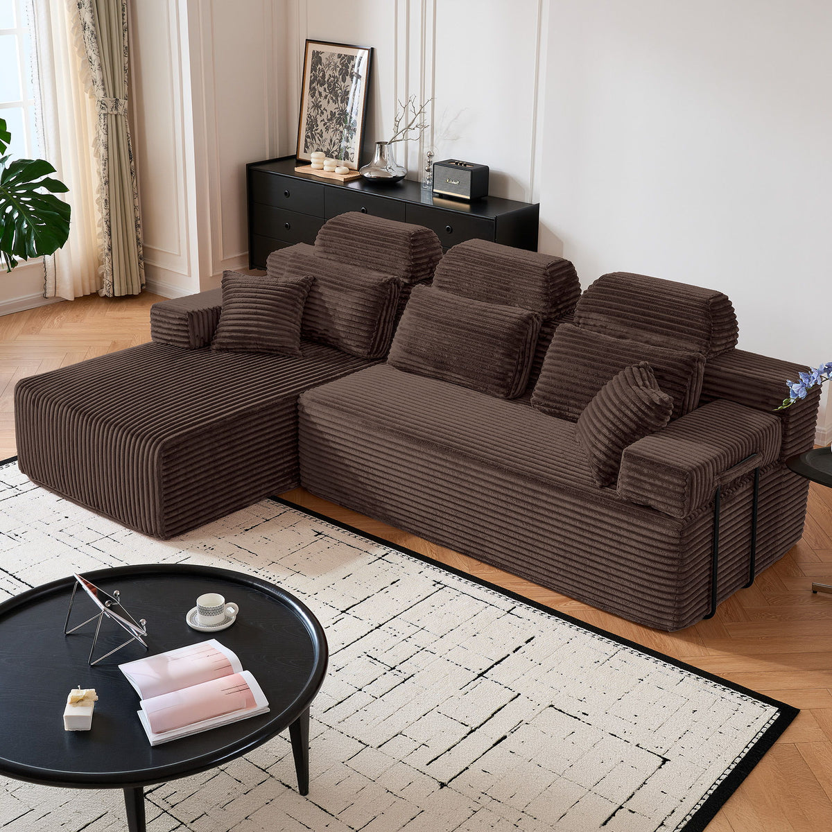 Sectional Sleeper Sofa & Storage Pockets, Modular Couch With Throw Pillows For Living Room
