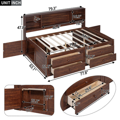 Full Size Captain Bed With Built In Storage Shelves, 4 Drawers And 2 Cabinets - Antique Brown