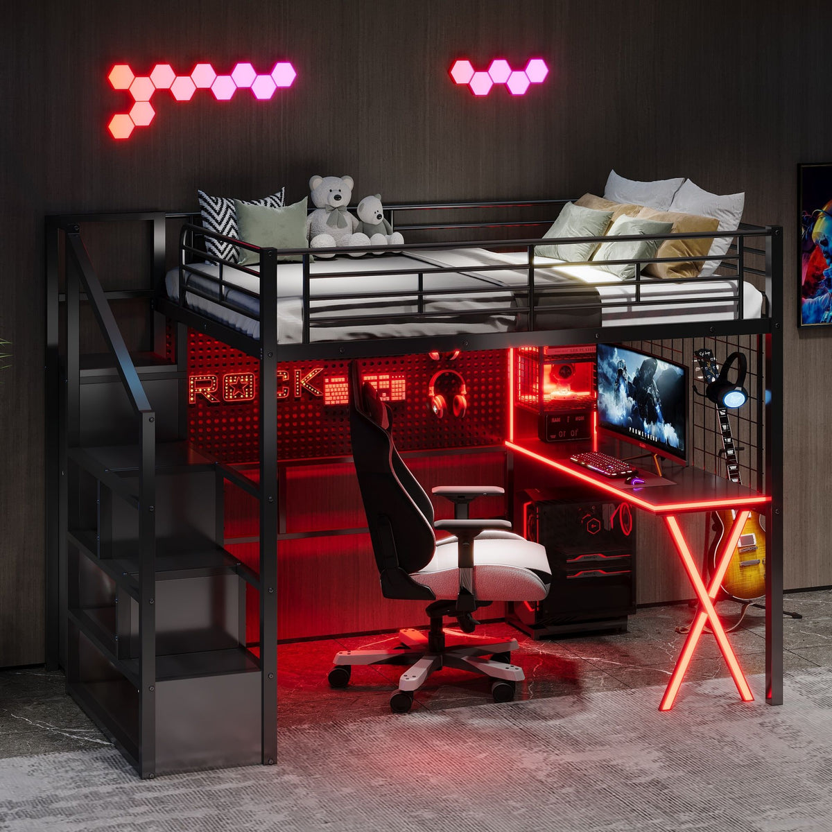Loft Bed With Built In Work Station, Wardrobe, Storage Staircase And LED