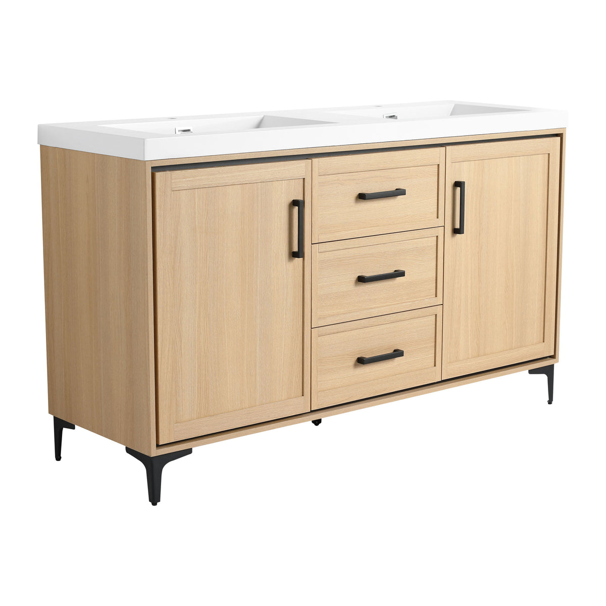 Original 60" Freestanding Bathroom Vanity With Double Resin Sink Plywood Soft Closing Doors & Drawers - Oak
