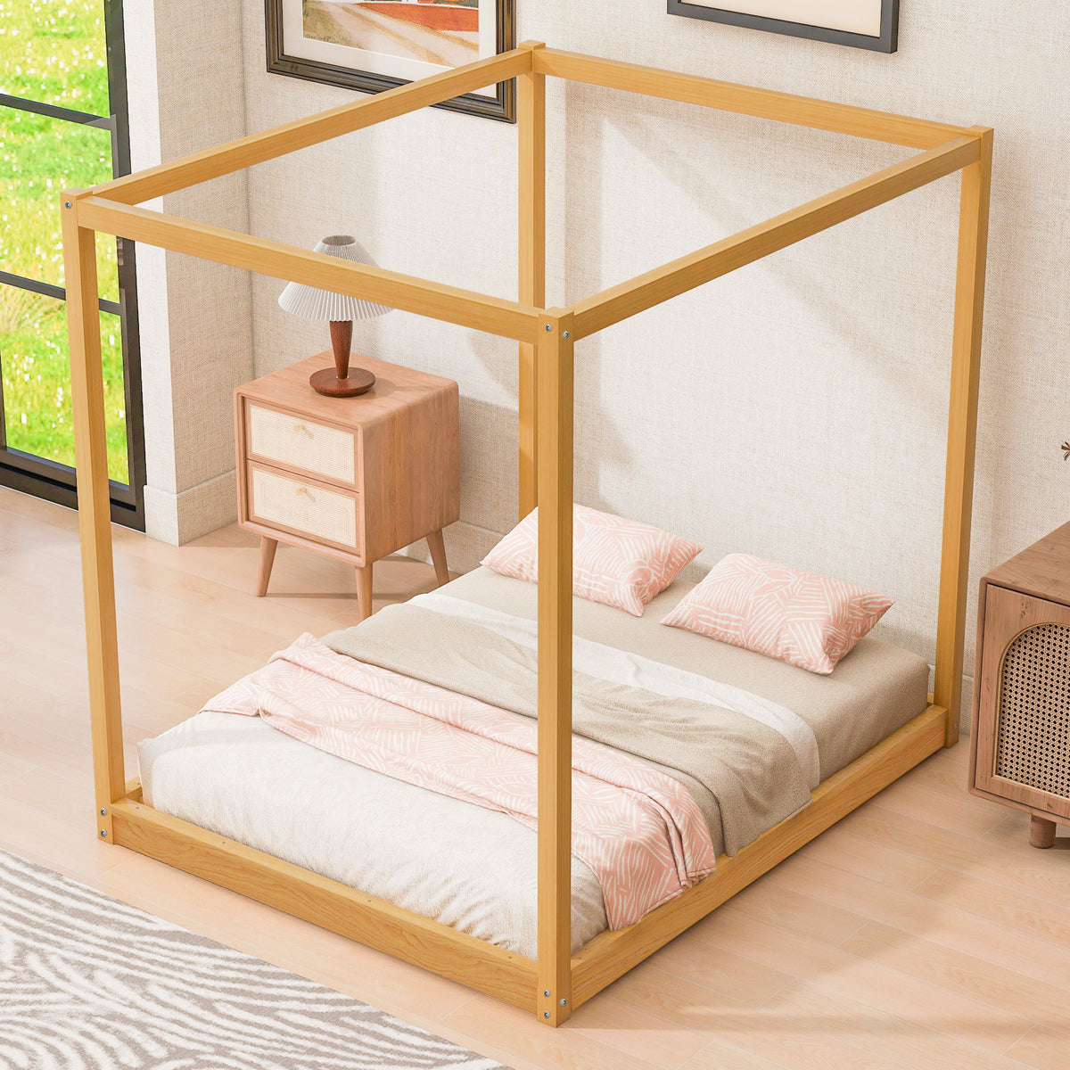 Wood Canopy Platform Bed With Support Legs And Airflow Slats