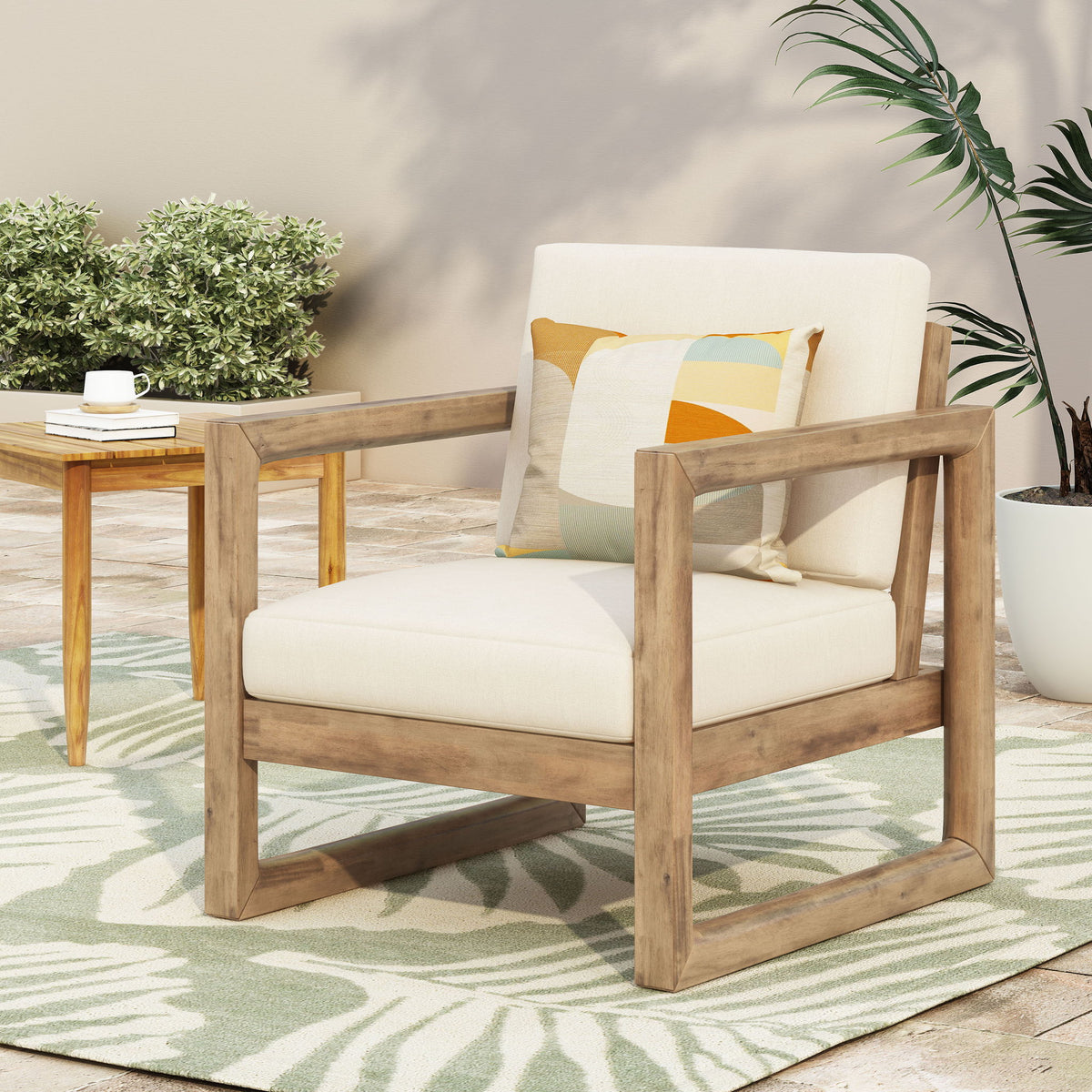 Outdoor Acacia Wood Patio Club Chair, Wood Patio Furniture, Waterproof Thick Cushion Deep Seating For Porch - Brown Wash / Beige