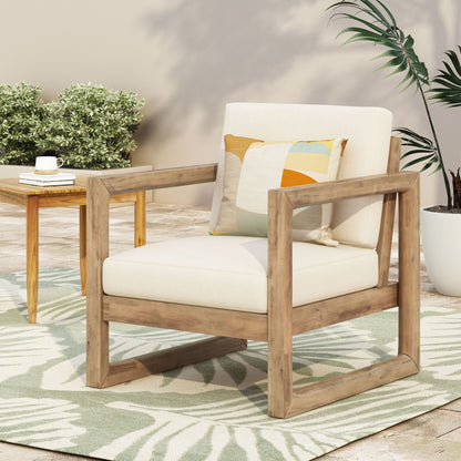 Outdoor Acacia Wood Patio Club Chair, Wood Patio Furniture, Waterproof Thick Cushion Deep Seating For Porch - Brown Wash / Beige