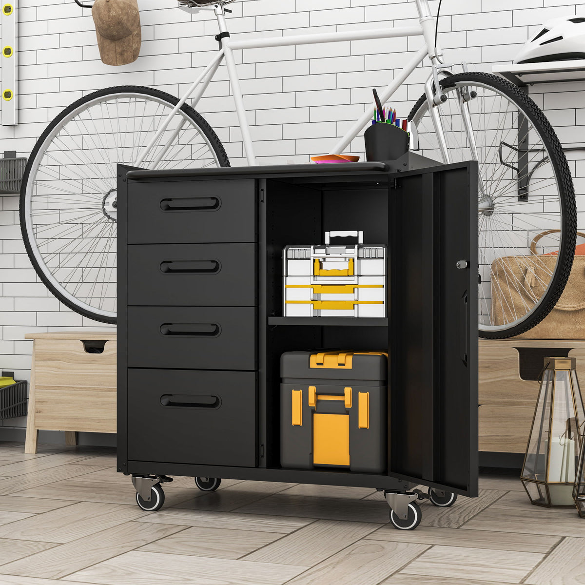 Sturdy Metal Tool Storage Cabinet With Wheels Durable Garage, Office & Home Organizer Steel