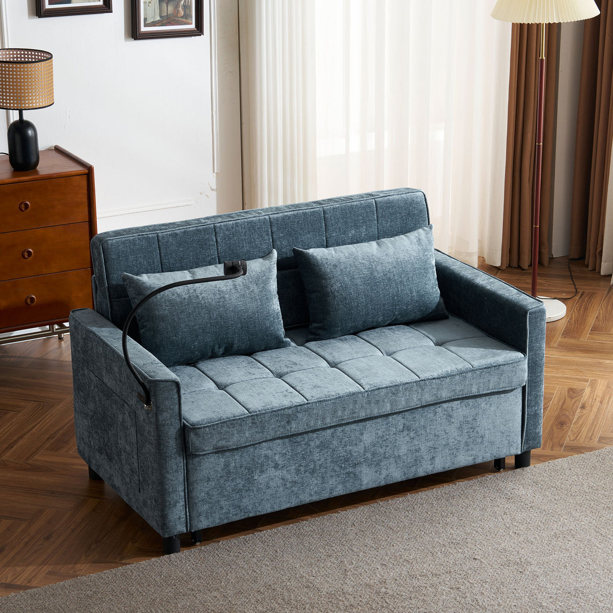 Pull-Out Sleeper Sofa With Reversible Backrest Cushion, Side Pockets, 2 USB Ports And A Phone Holder For Living Room