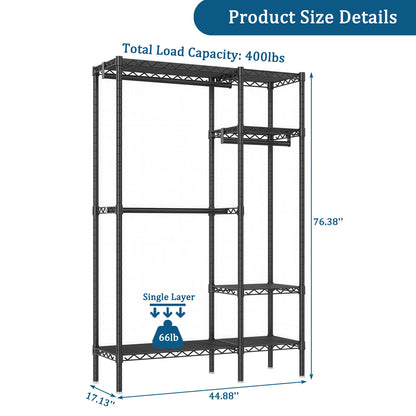 Freestanding Clothes Rack, With 6 Adjustable Wire Shelves And 3 Garment Rails - Black