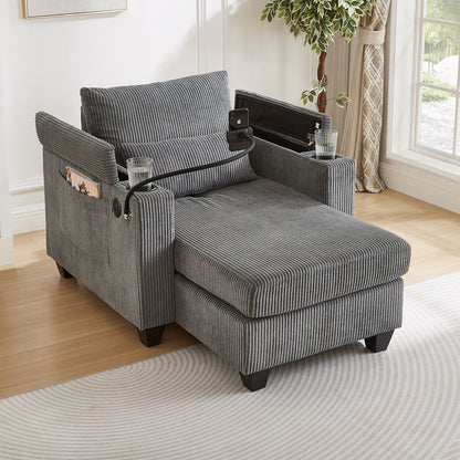 Convertible Chaise Lounge Sofa Chair With USB Ports, Cup Holders, Phone Holder And Storage