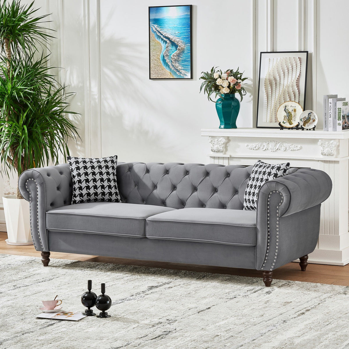 Chesterfield Upholstery Fabric Sofa With Roll Armrest & Nailhead