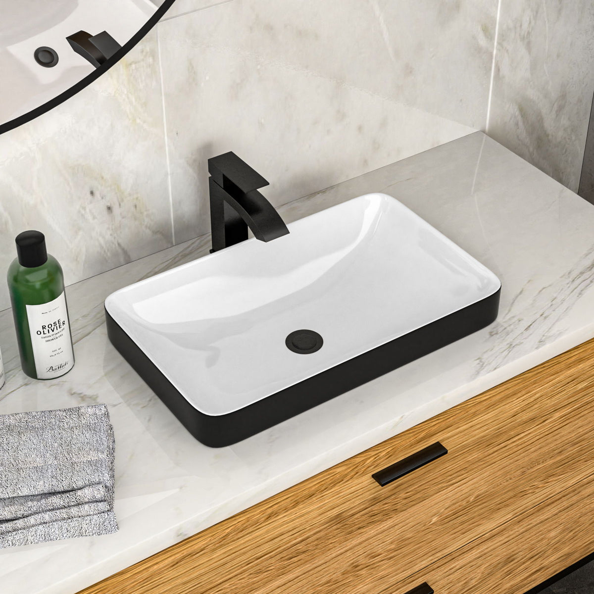 Semi Recessed Bathroom Sink With Vessel Design, Durable Glazed - White / Black