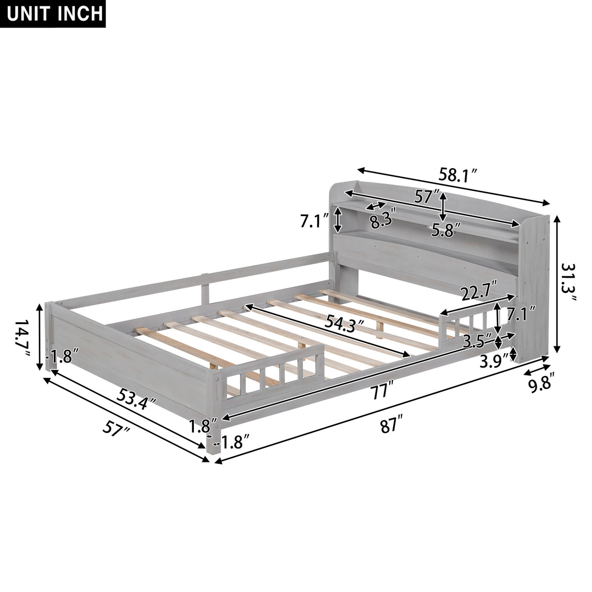 Wood Platform Bed With Built In LED Light, Storage Headboard And Guardrail