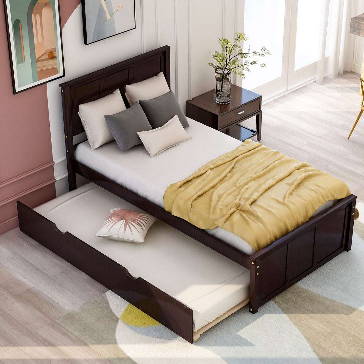 Platform Bed With Twin Trundle, Twin Size - Espresso