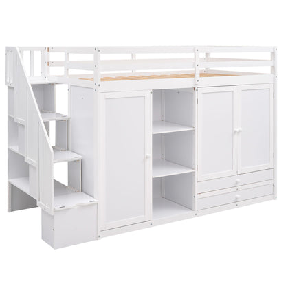 Loft Bed With 3 Shelves, 2 Wardrobes, 2 Drawers, Ladder Storage
