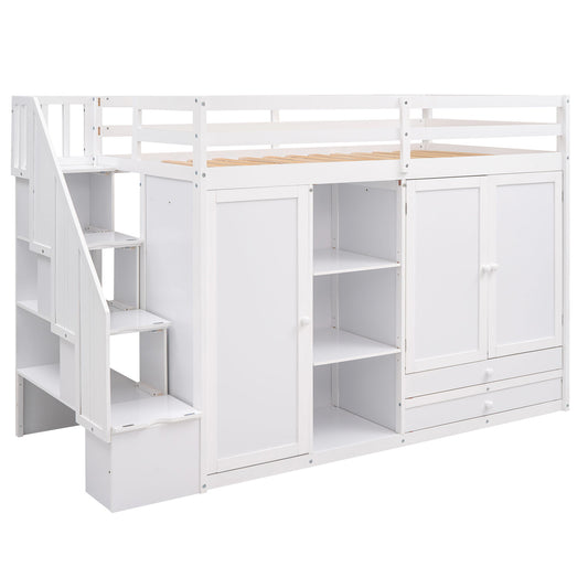 Loft Bed With 3 Shelves, 2 Wardrobes, 2 Drawers, Ladder Storage