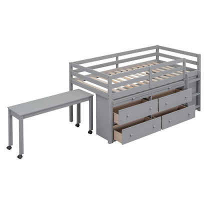 Loft Bed With Retractable Writing Desk And 4 Drawers, With Lateral Portable Desk And Shelves