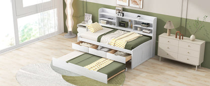 Captain Bed With Built In Bookshelves, 3 Storage Drawers, And Trundle