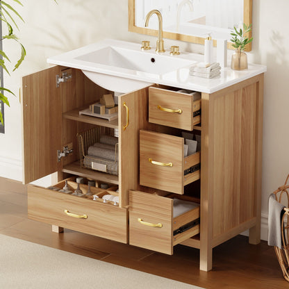 Bathroom Vanity, 2 Soft Close Doors, 4 Soft Close Drawers, Adjustable Shelf, Storage Cabinet - Acacia Wood