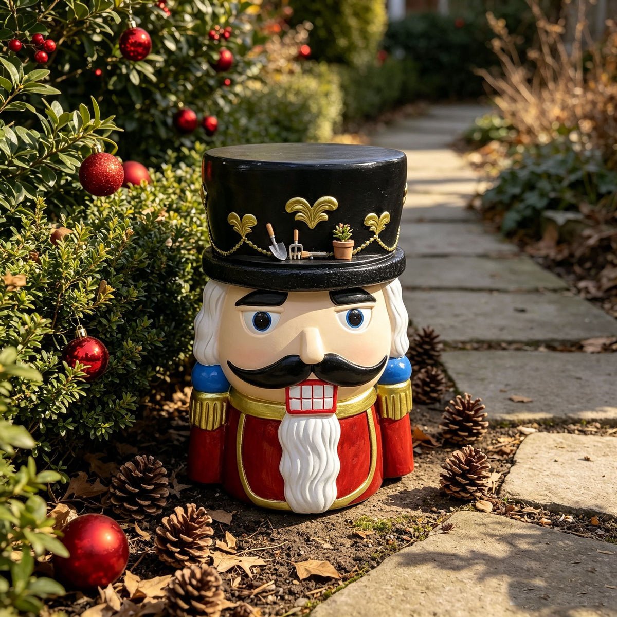 Classic Nutcracker Soldier Stool, Retro Christmas Decor Figurine Seat, Indoor Outdoor Use - Black / Red