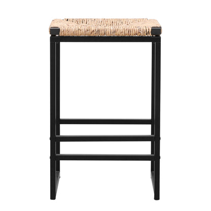 25" Height Backless Water Hyacinth Woven Bar Stools With Footrest (Set of 2) - Natural