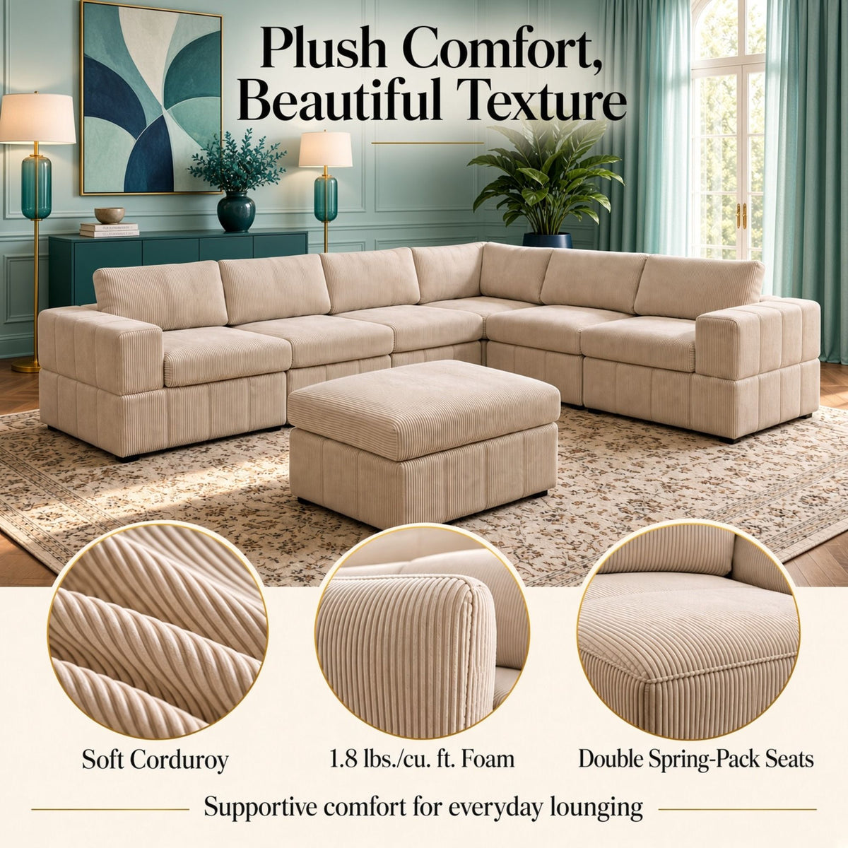 Oversized Modular Sectional Sofa, Reversible With Ottoman