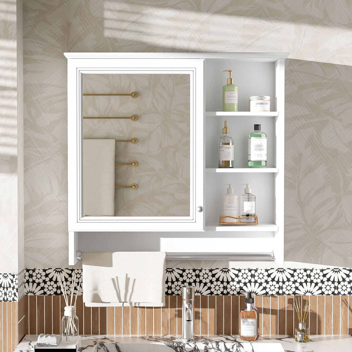 Wall Mount 2 In 1 Mirror Cabinet With Adjustable Shelf, Soft-Closing Hinges