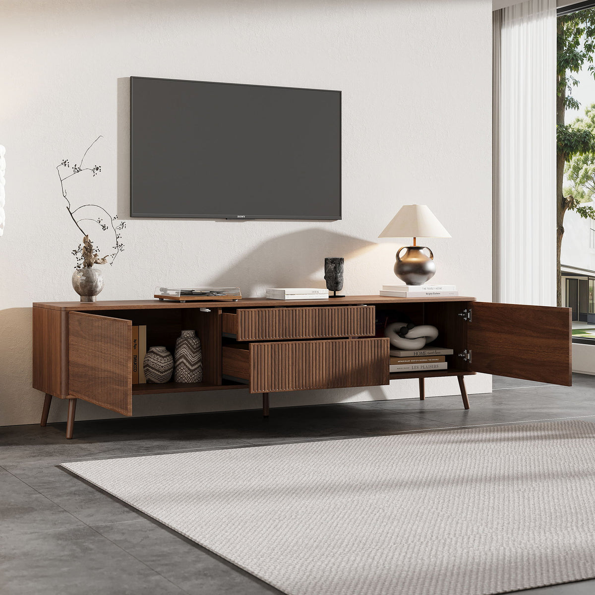 Fluted TV Stand With Storage Drawers And Cabinets For TVs Up To 80", Soft-Close Hinges, Cable Management - Walnut