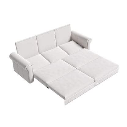 King Pull Out Sofa Bed, Chesterfield Sofa, 3 In 1 Velvet Convertible Sleeper Sofa With Nailhead Trim & Rolled Arm, Multifunctional Sofa Bed For Living Room - Beige