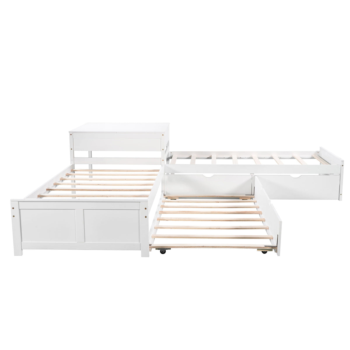 L Shaped Platform Bed With Trundle And Drawers Linked With Built In Desk