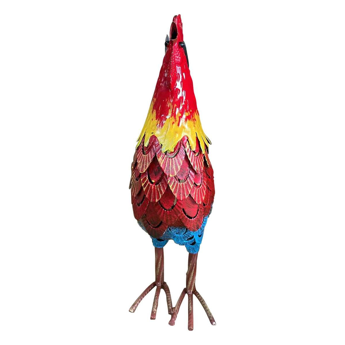 Wrought Rooster Garden Statue, Rooster Sculpture - Blue / Red / Brown