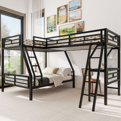 Twin Over Full Bunk Bed With Loft And Desk, L-Shaped Design For 3 Sleepers - Black
