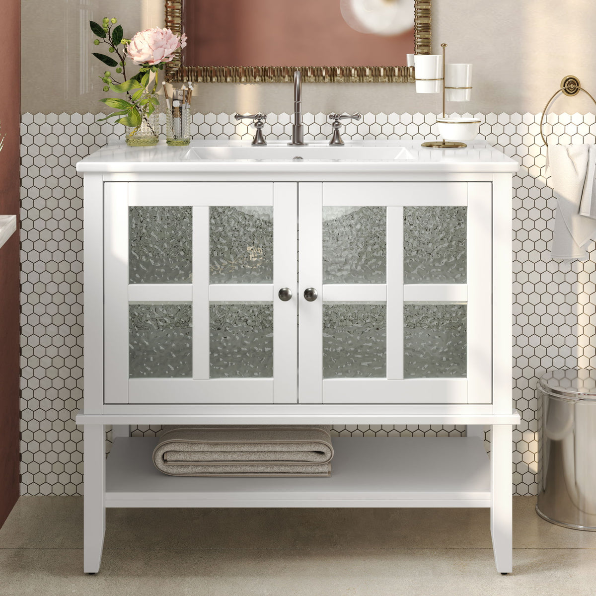 Bathroom Vanity With Ceramic Sink, Adjustable & Open Shelf