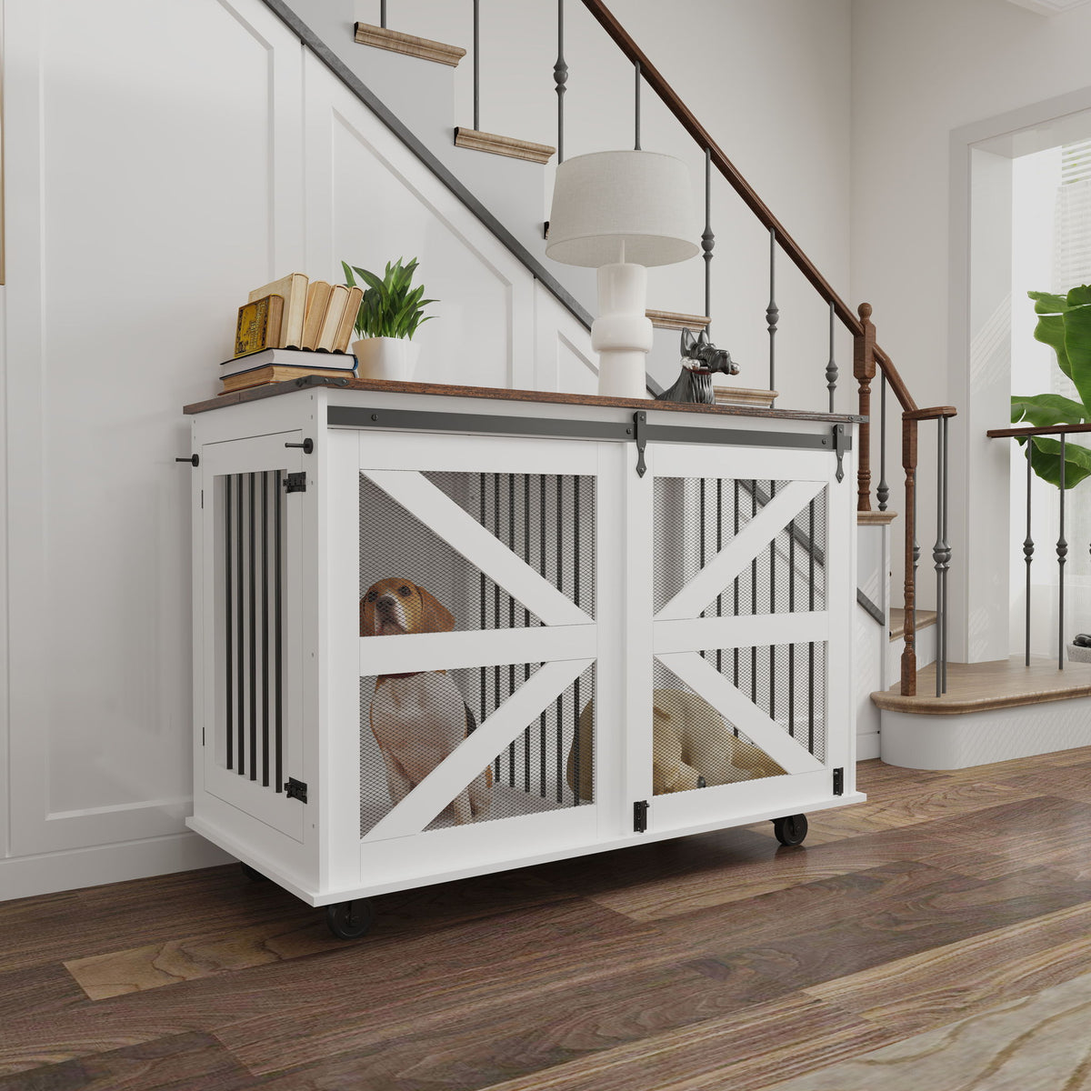 Mobile Dog Crate With Flip Top Feeding Door, Dual Access & 5 Caster System (2 Locking) - Brown White