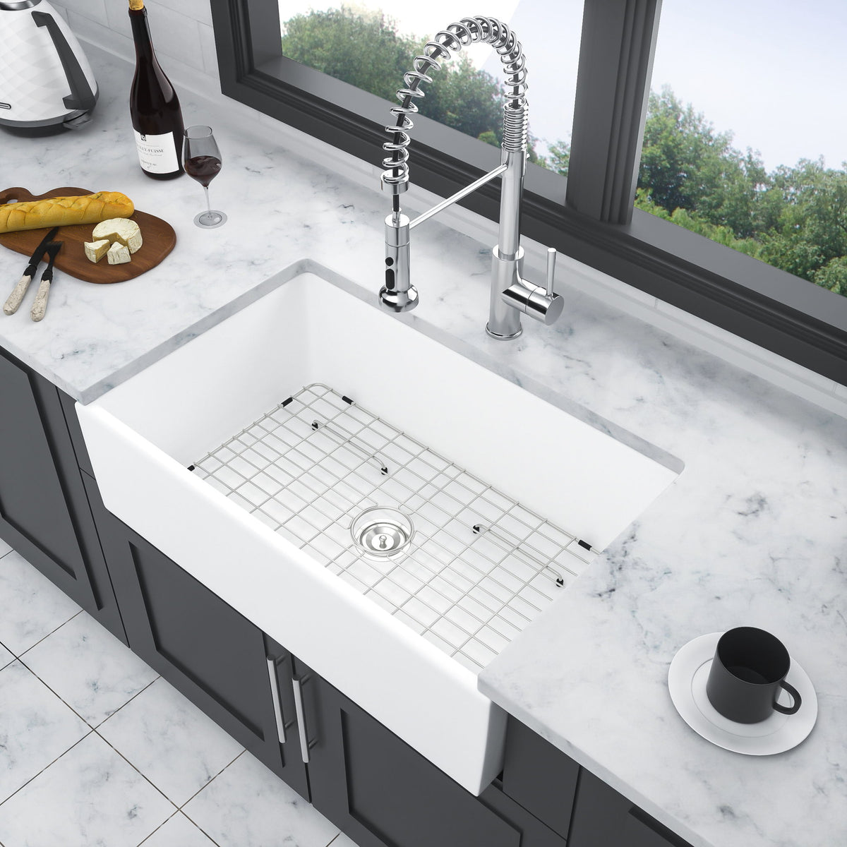 Ceramic Farmhouse Sink With Deep Basin And Stainless Steel Grid