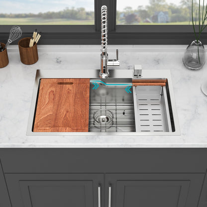33" Drop In Kitchen Sink With Ledge Workstation, Single Bowl, 16 Gauge Stainless Steel - Brushed Nickel