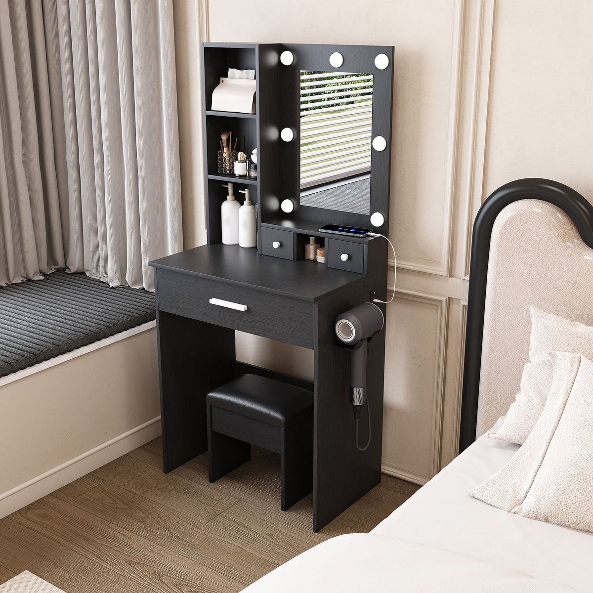 Vanity Table With Mirror, Adjustable LED Lights, Power Outlet, Hairdryer Holder & Stool