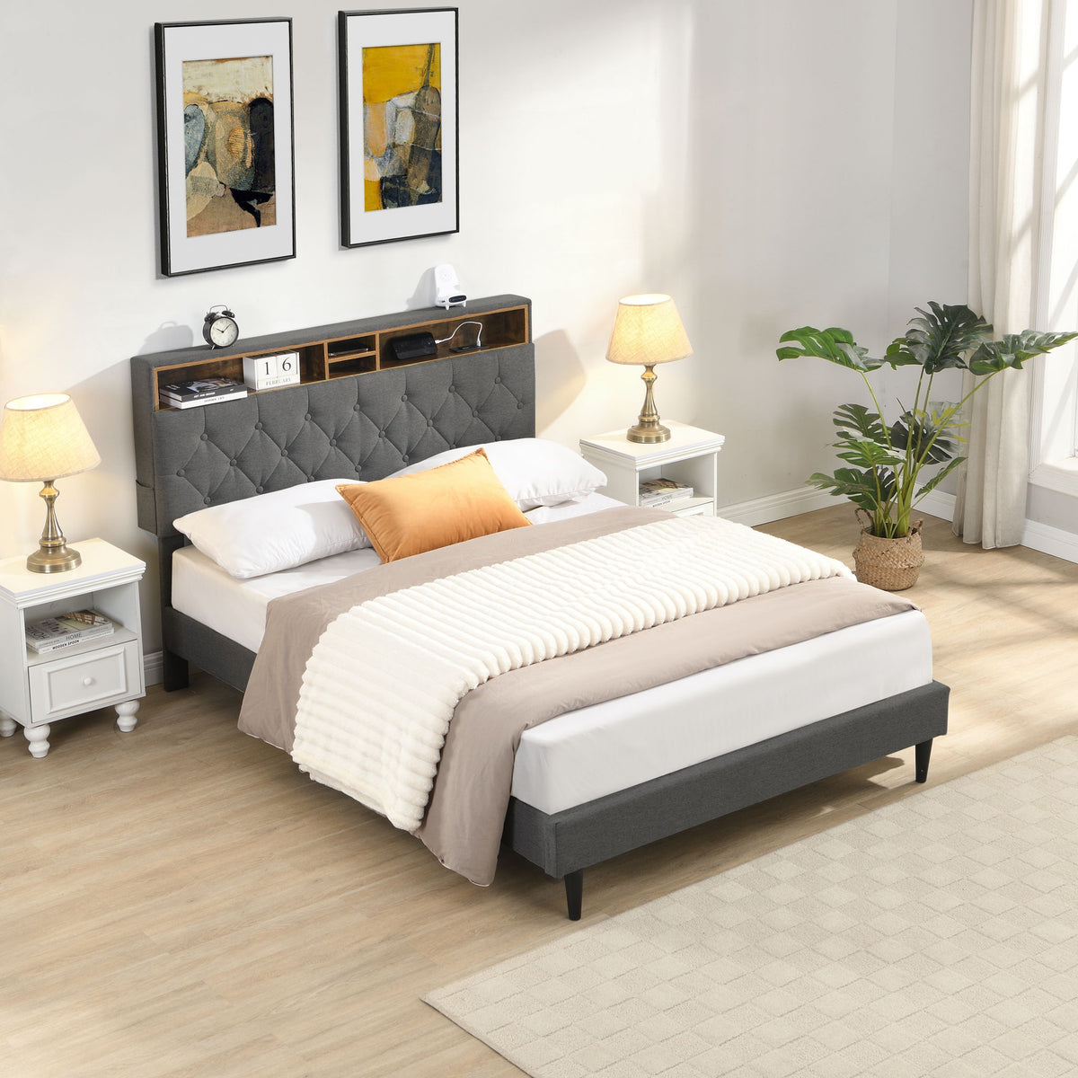 Modern Upholstered Platform Bed Frame With Button Tufted Headboard And USB Ports
