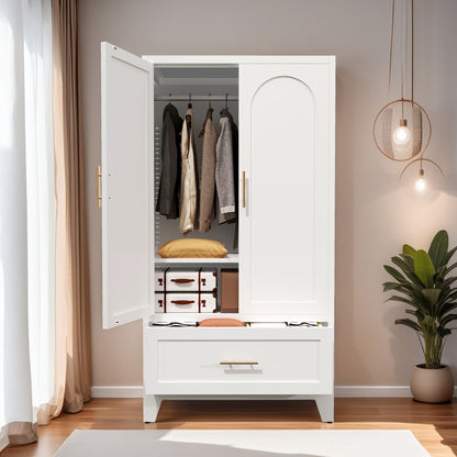 Wardrobe Cabinet With 1 Drawer And Hanging Rod, 2 Doors Closet With Shelf For Bedroom - White