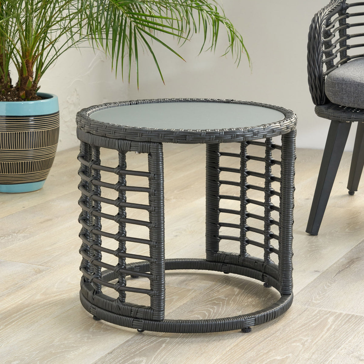 Achill - Outdoor Modern Boho Wicker Side Table With Glass Top - Gray