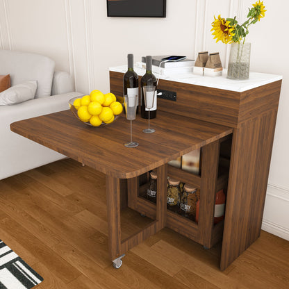Extendable Dining Table With Power Socket, Lockable Casters, Storage Cabinet