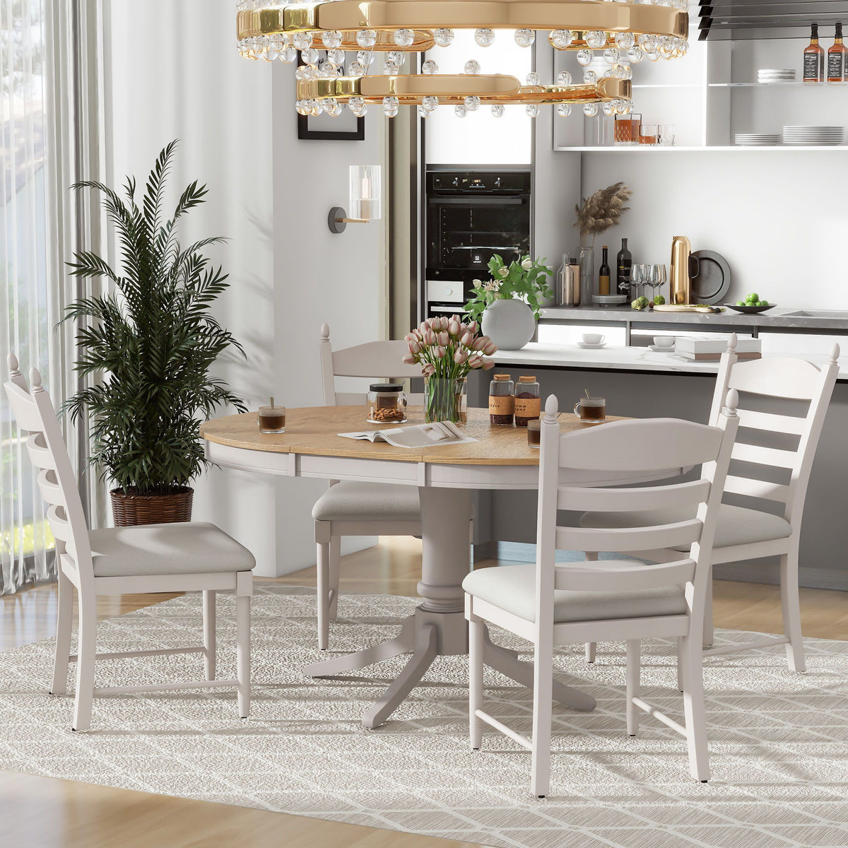 Trexm 5-Piece Retro Functional Dining Table Set Wood Round Extendable Dining Table And 4 Upholstered Dining Chairs (Off White)