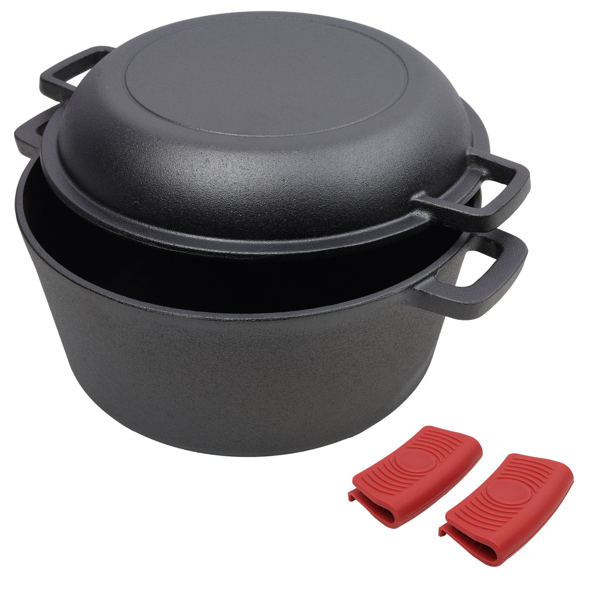 Pre-Seasoned Cast Dutch Oven 2 In 1 With Dual Handles And Covers, 5 Quart - Black