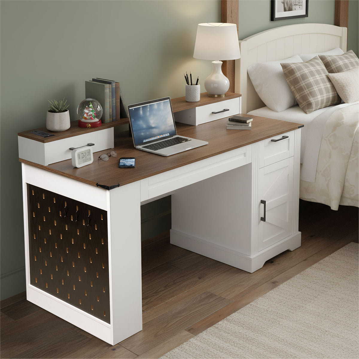 Office Desk With Storage Cabinet, Charging Station, Monitor Stand & Pegboard