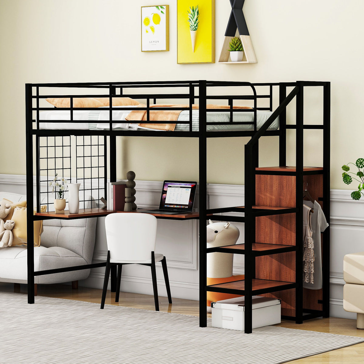 Loft Bed With Desk And Grid, Stylish Frame With Lateral Storage Ladder And Wardrobe