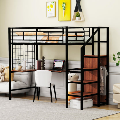 Loft Bed With Desk And Grid, Stylish Frame With Lateral Storage Ladder And Wardrobe