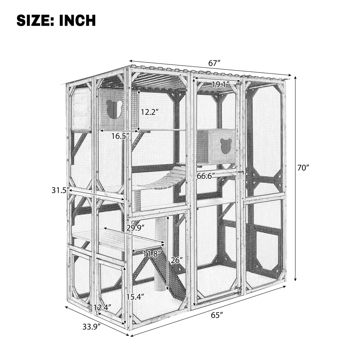 Outdoor Cat Enclosure Catio With Sleeping Houses, Jumping Platforms, Scratching Post, Secure Doors - Black / Brown