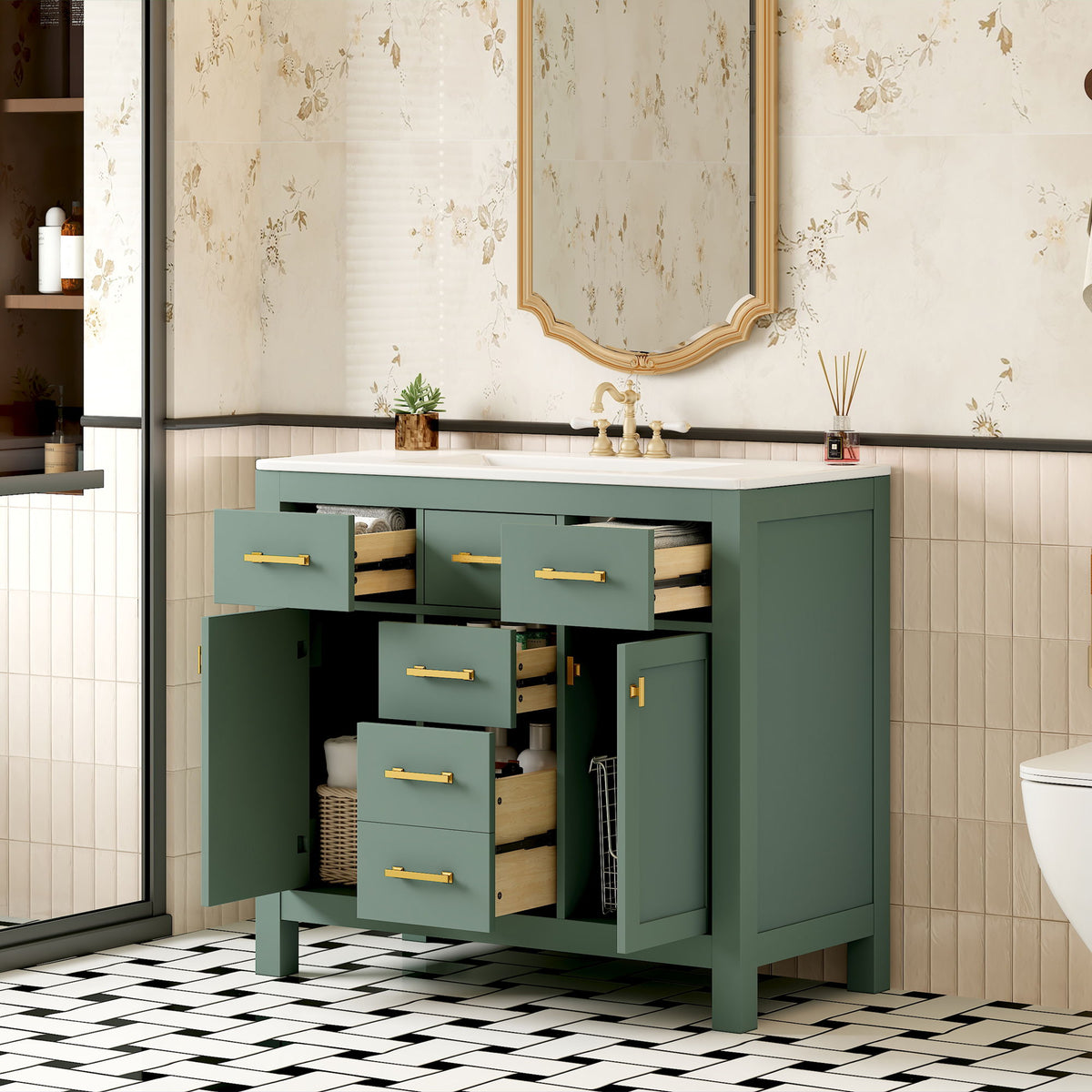 Bathroom Vanity With Sink, Cabinet With 4 Drawers & 2 Soft Close Doors, Rectangular Storage Unit For Bathroom