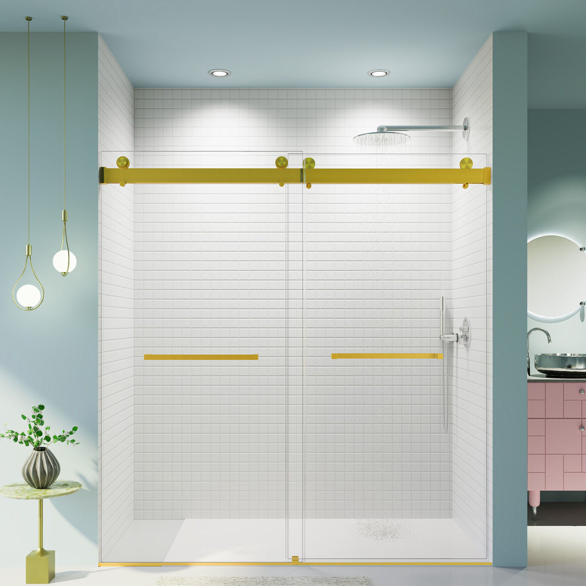Frameless Double Sliding Soft Close Shower Door, Tempered Glass