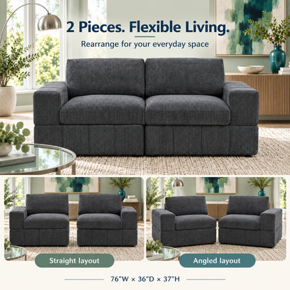Oversized Modular Loveseat, 2 Piece Living Room Sofa Set - Dark Gray