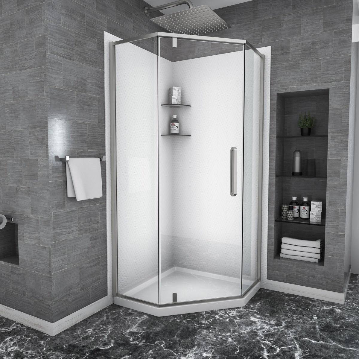Semi Frameless Neo Angle Hinged Shower Enclosure With Clear Tempered Glass - Brushed Silver