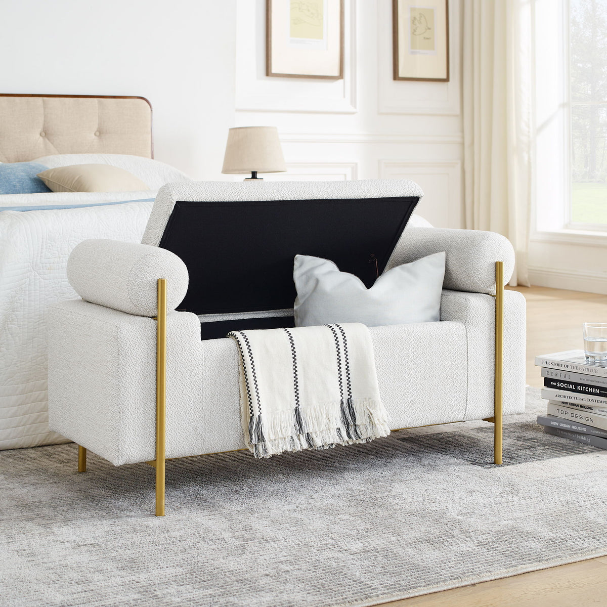 Elegant Upholstered Storage Bench With Cylindrical Arms And Iron Legs,
