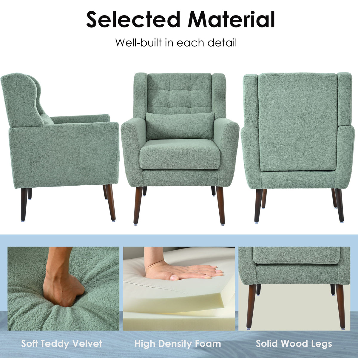 Modern Accent Chair, Teddy Fabric Living Room Chairs Comfy Reading Chair, Mid Century Accent Chair, Lounge Arm Chairs Armchair For Living Room Bedroom - Light Green